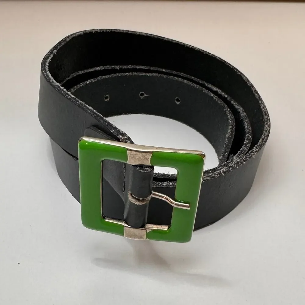 Vintage Vera Pelle Italy Womens Belt Green Genuine Leather Nickel Buckle Size 90